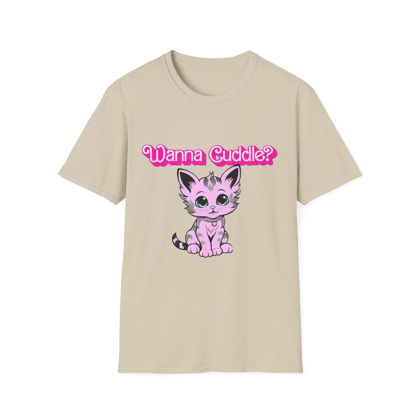 Cute Cat Face Unisex T-Shirt, Wanna Cuddle Provocative Proposition Graphic Tee, Retro Design Soft Pink Text Front Print