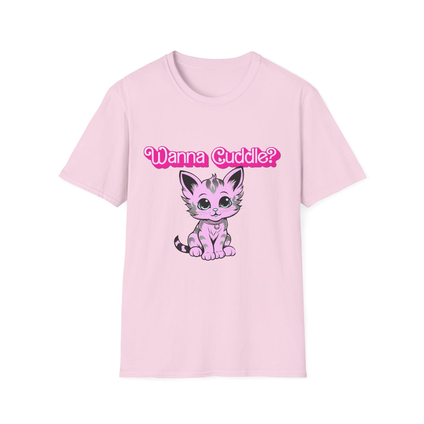 Cute Cat Face Unisex T-Shirt, Wanna Cuddle Provocative Proposition Graphic Tee, Retro Design Soft Pink Text Front Print