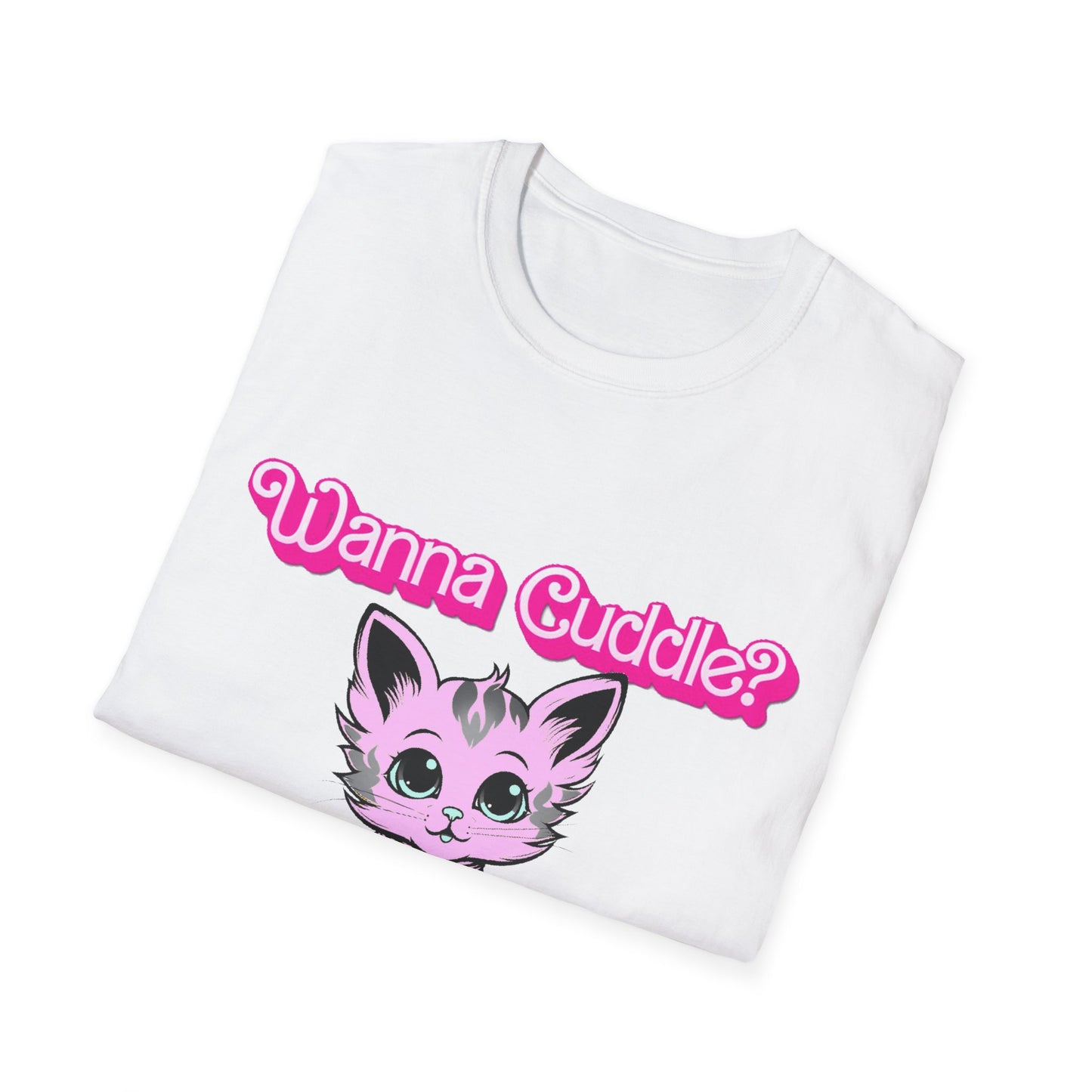 Cute Cat Face Unisex T-Shirt, Wanna Cuddle Provocative Proposition Graphic Tee, Retro Design Soft Pink Text Front Print