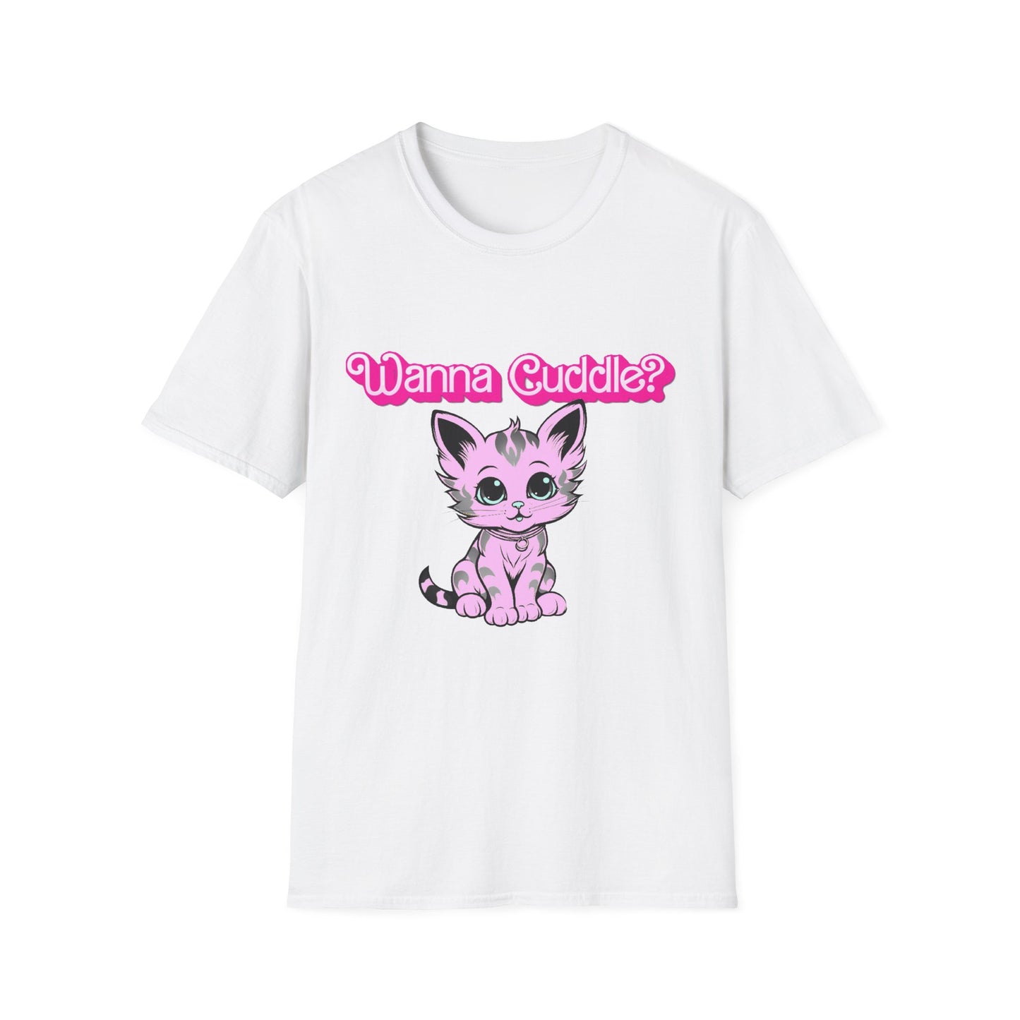 Cute Cat Face Unisex T-Shirt, Wanna Cuddle Provocative Proposition Graphic Tee, Retro Design Soft Pink Text Front Print