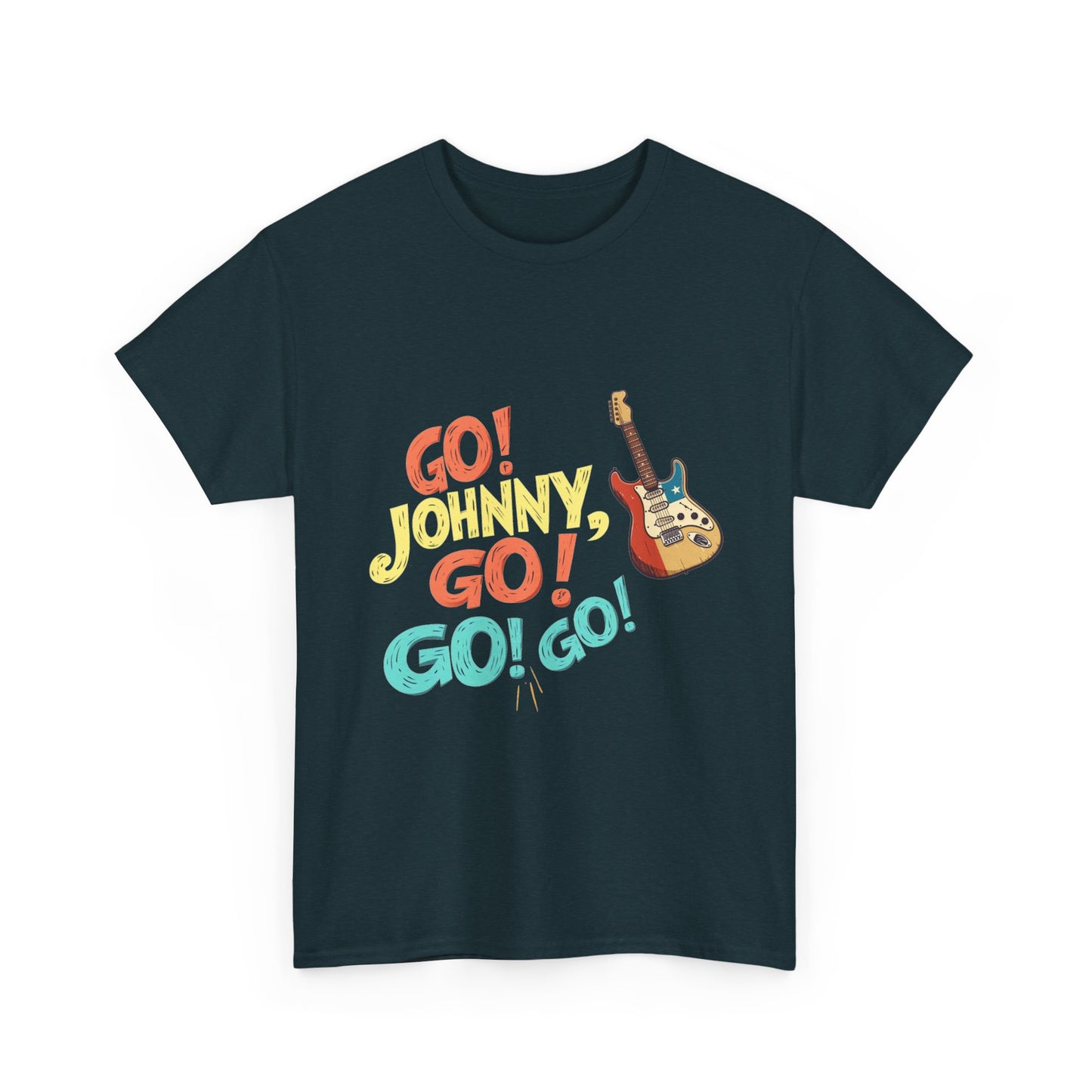 Music Nostalgia Unisex Cotton Tee, Go Johnny Go Retro Typographic Design, Artistical Expression of Colors