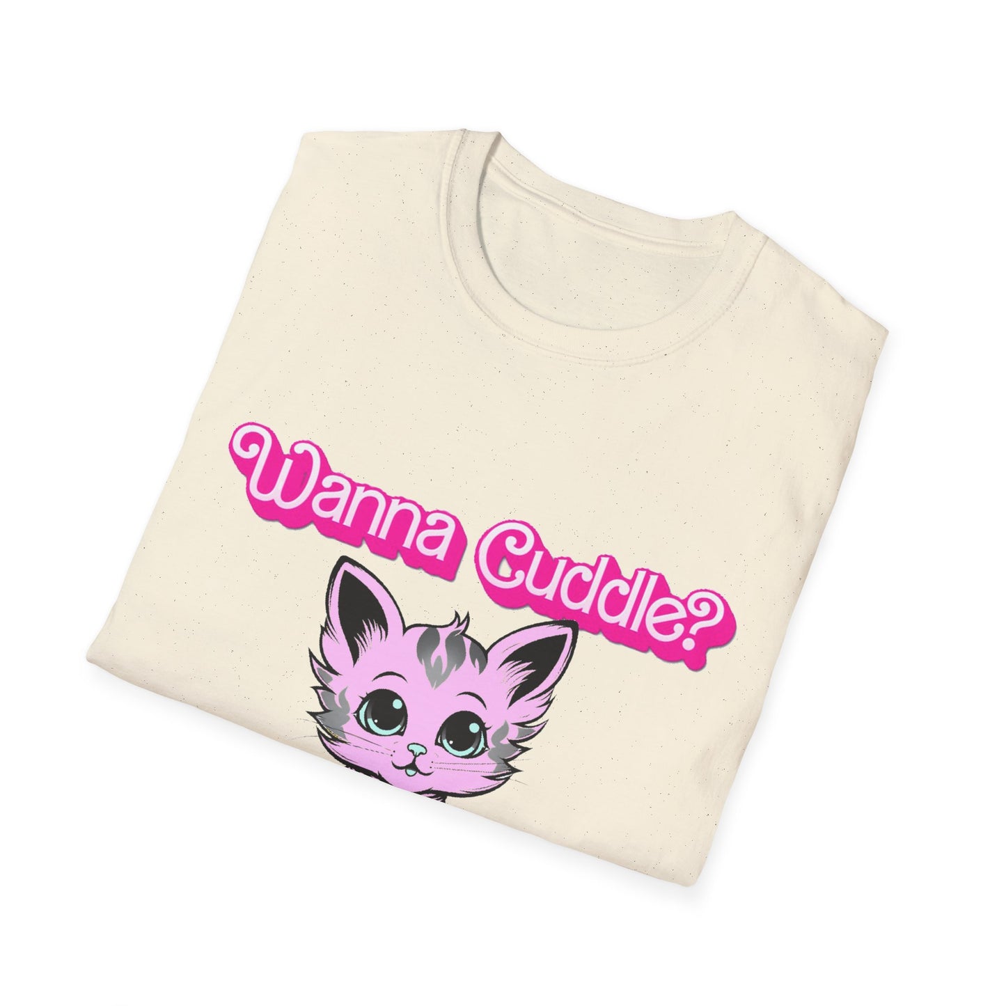 Cute Cat Face Unisex T-Shirt, Wanna Cuddle Provocative Proposition Graphic Tee, Retro Design Soft Pink Text Front Print