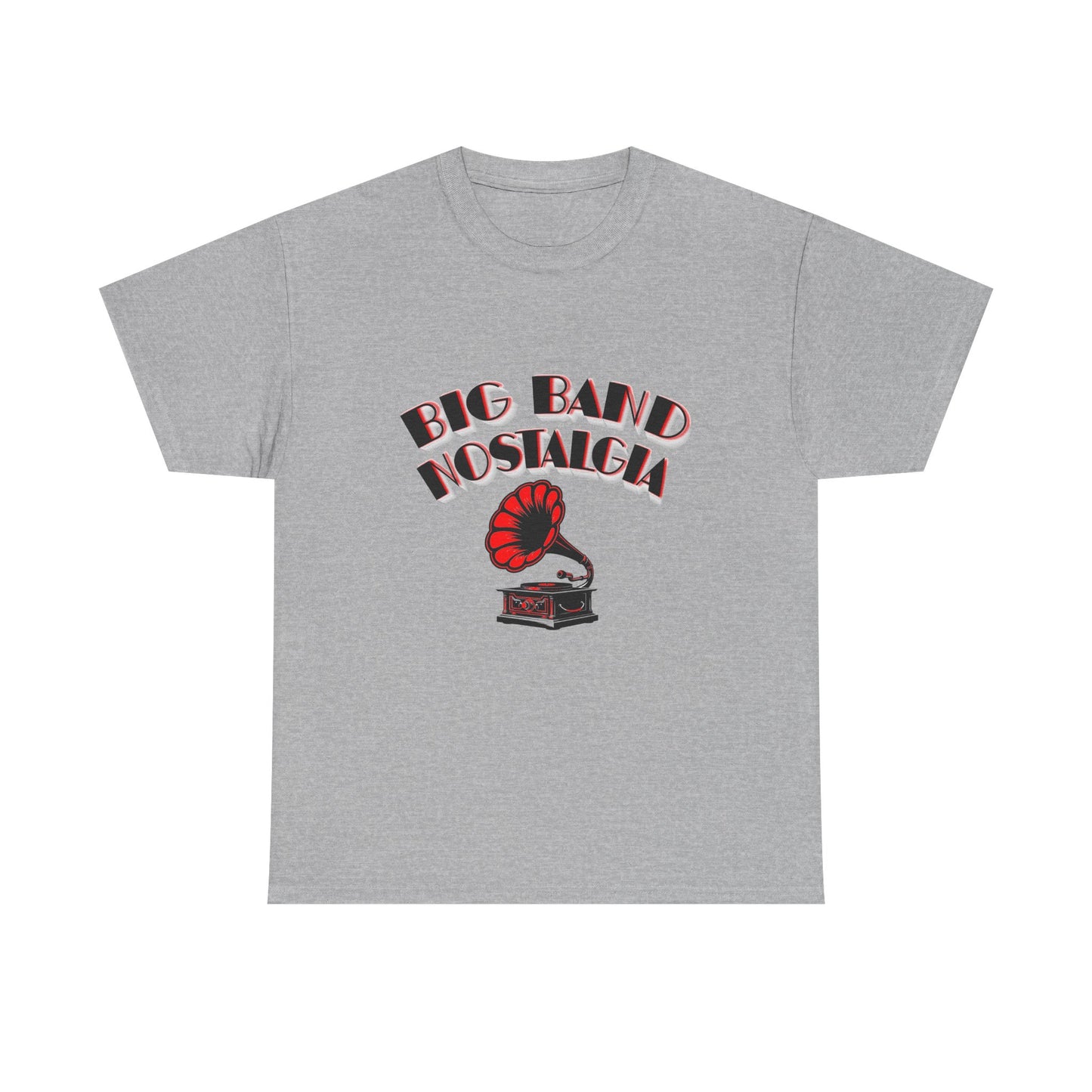 Music Nostalgia Big Band Unisex Cotton Tee, Vintage Phonograph And Broadway Style Artistic Typographic Design