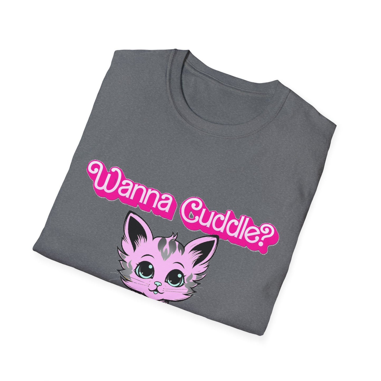 Cute Cat Face Unisex T-Shirt, Wanna Cuddle Provocative Proposition Graphic Tee, Retro Design Soft Pink Text Front Print