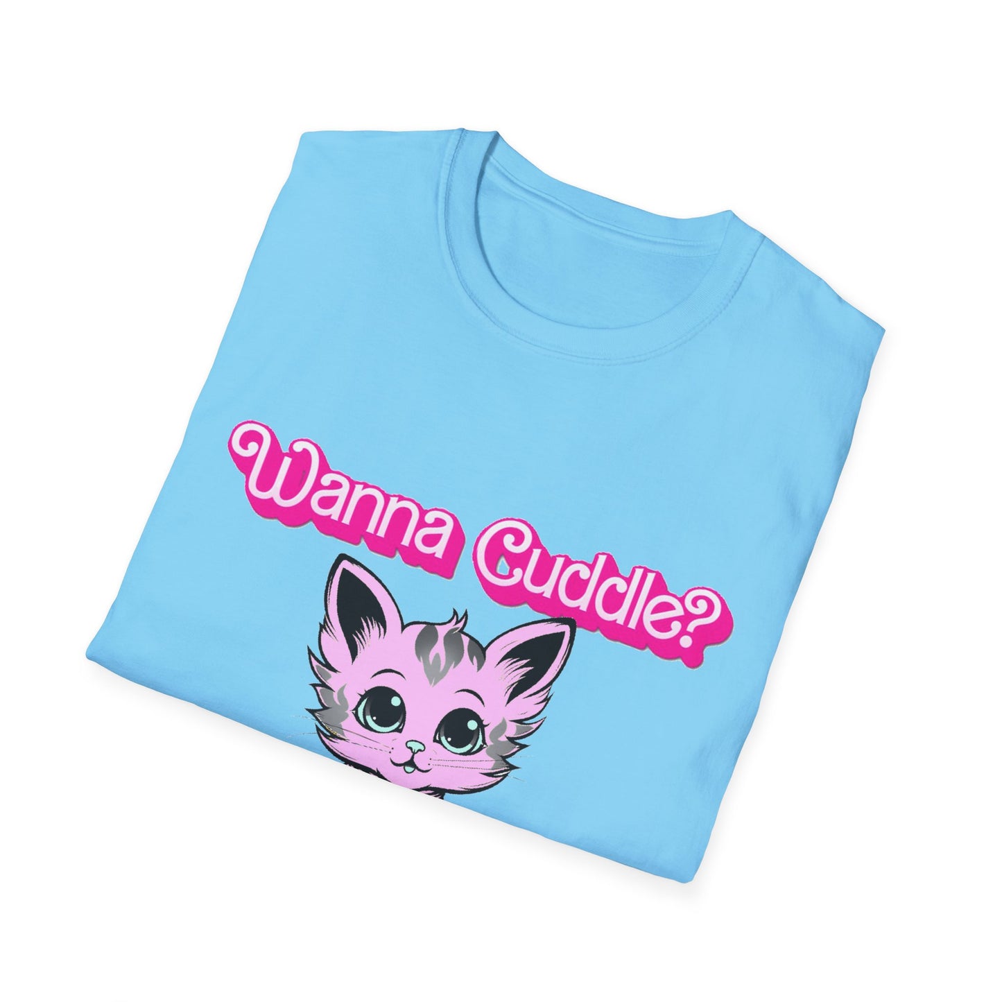 Cute Cat Face Unisex T-Shirt, Wanna Cuddle Provocative Proposition Graphic Tee, Retro Design Soft Pink Text Front Print
