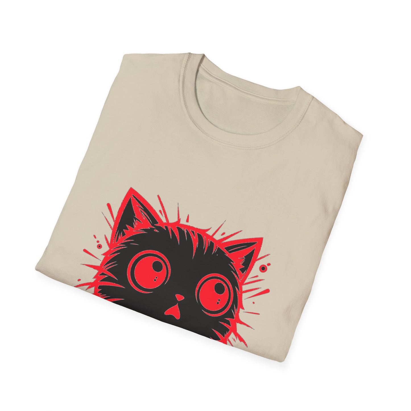 Cute Cat Face Unisex Soft-style T-Shirt, Red-Eyed Scaredy Cat Face for Cat Ladies, Cat Moms and Cat Lovers Graphic Tee