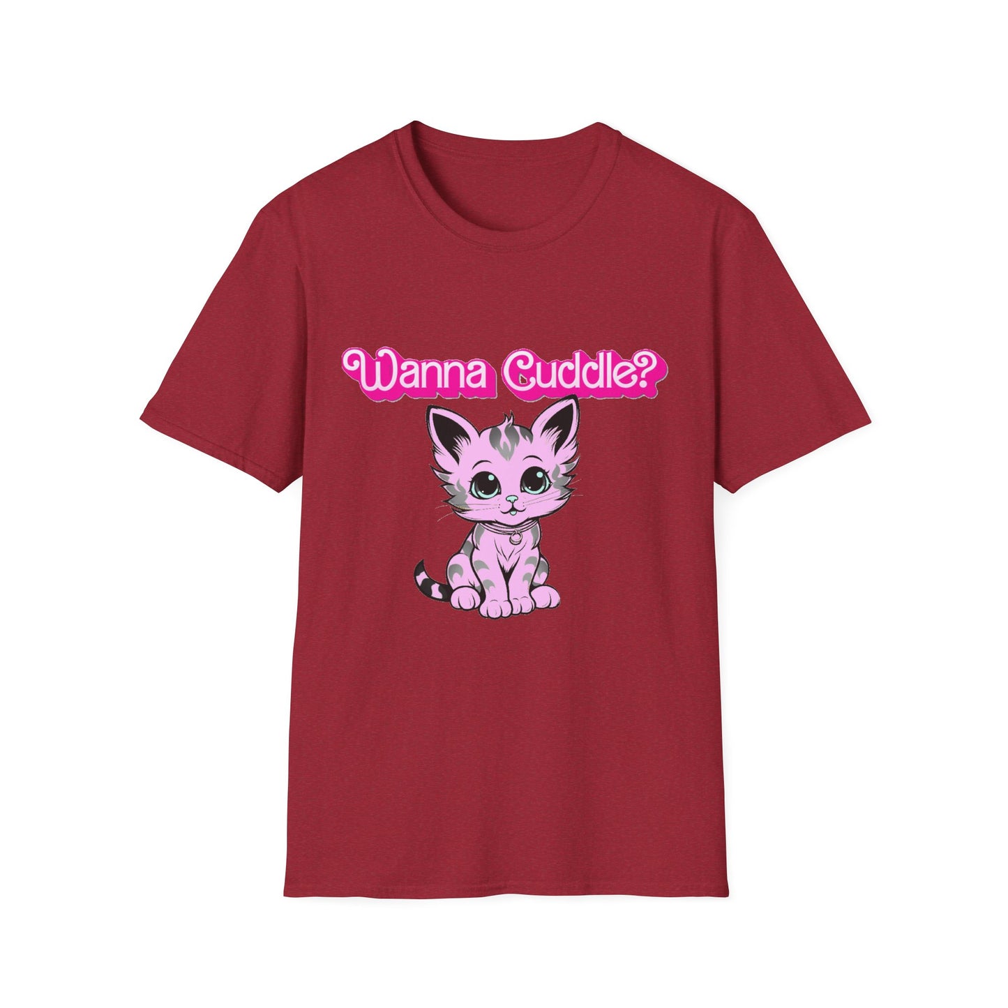 Cute Cat Face Unisex T-Shirt, Wanna Cuddle Provocative Proposition Graphic Tee, Retro Design Soft Pink Text Front Print
