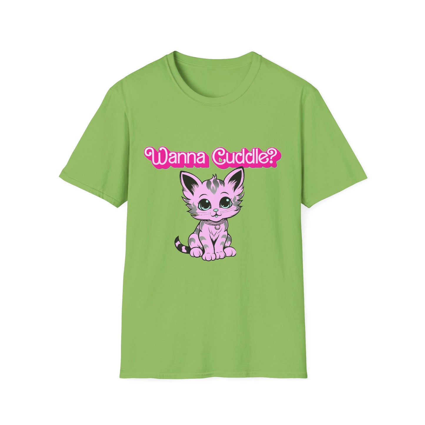 Cute Cat Face Unisex T-Shirt, Wanna Cuddle Provocative Proposition Graphic Tee, Retro Design Soft Pink Text Front Print