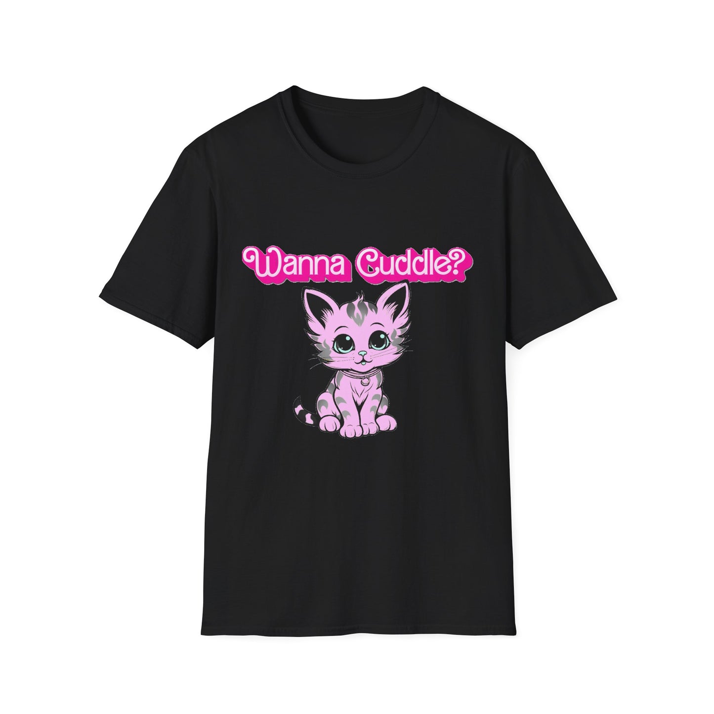 Cute Cat Face Unisex T-Shirt, Wanna Cuddle Provocative Proposition Graphic Tee, Retro Design Soft Pink Text Front Print