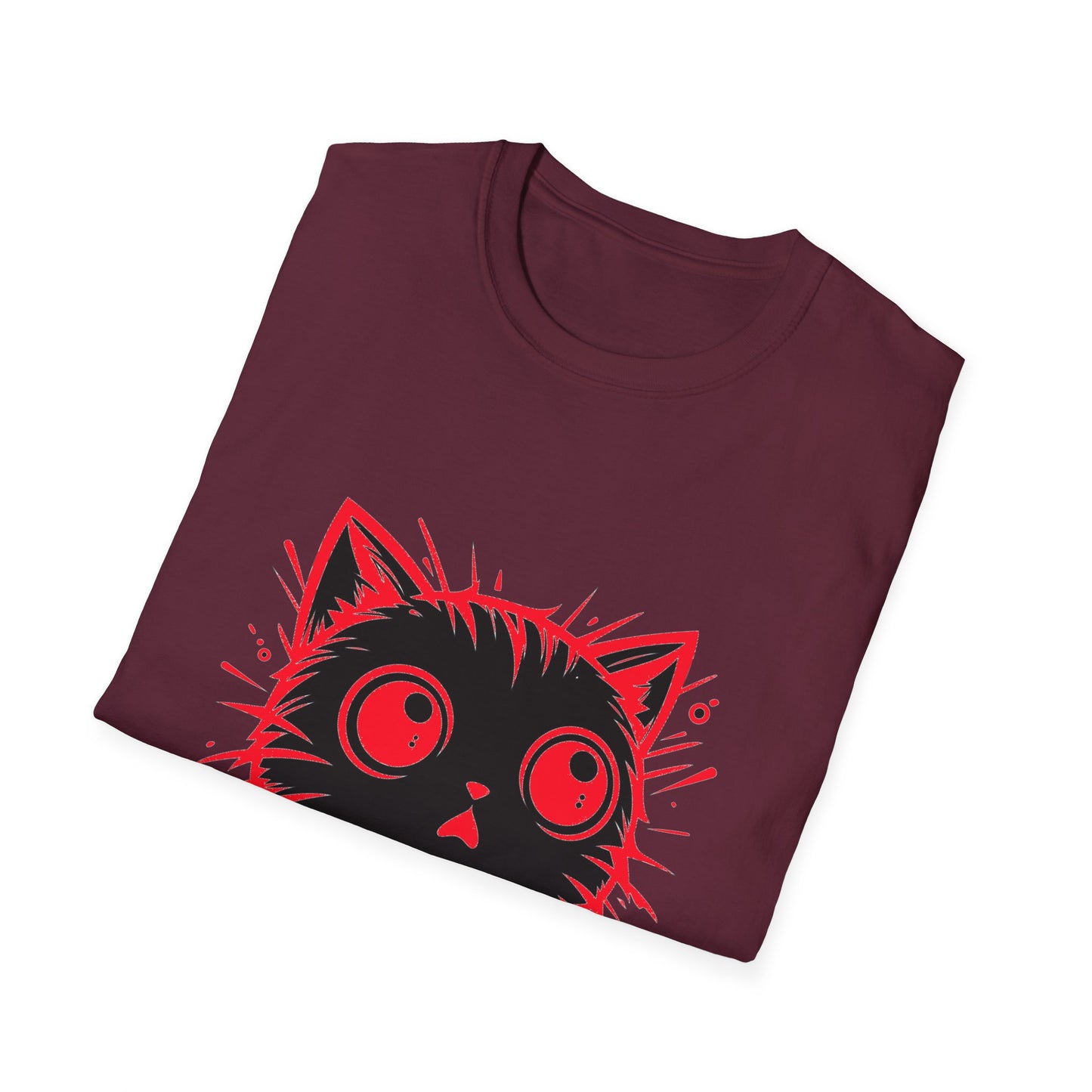 Cute Cat Face Unisex Soft-style T-Shirt, Red-Eyed Scaredy Cat Face for Cat Ladies, Cat Moms and Cat Lovers Graphic Tee