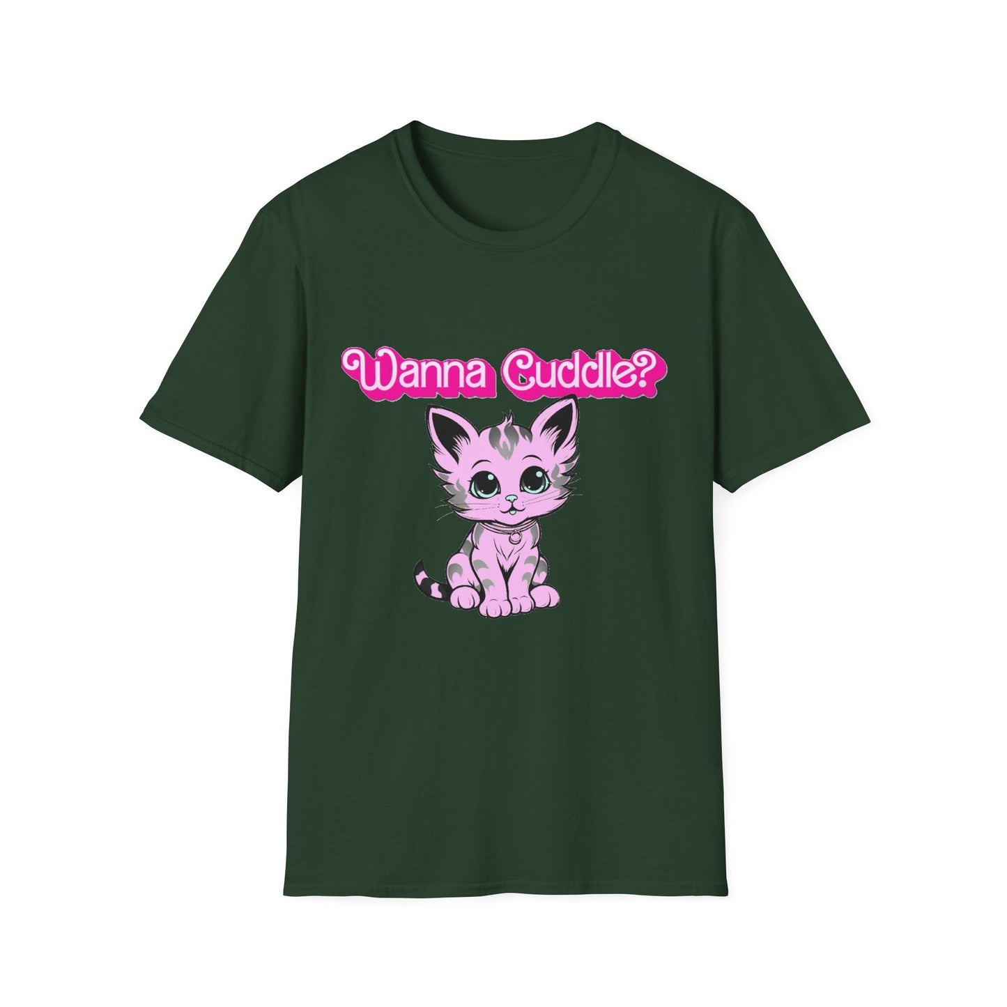 Cute Cat Face Unisex T-Shirt, Wanna Cuddle Provocative Proposition Graphic Tee, Retro Design Soft Pink Text Front Print