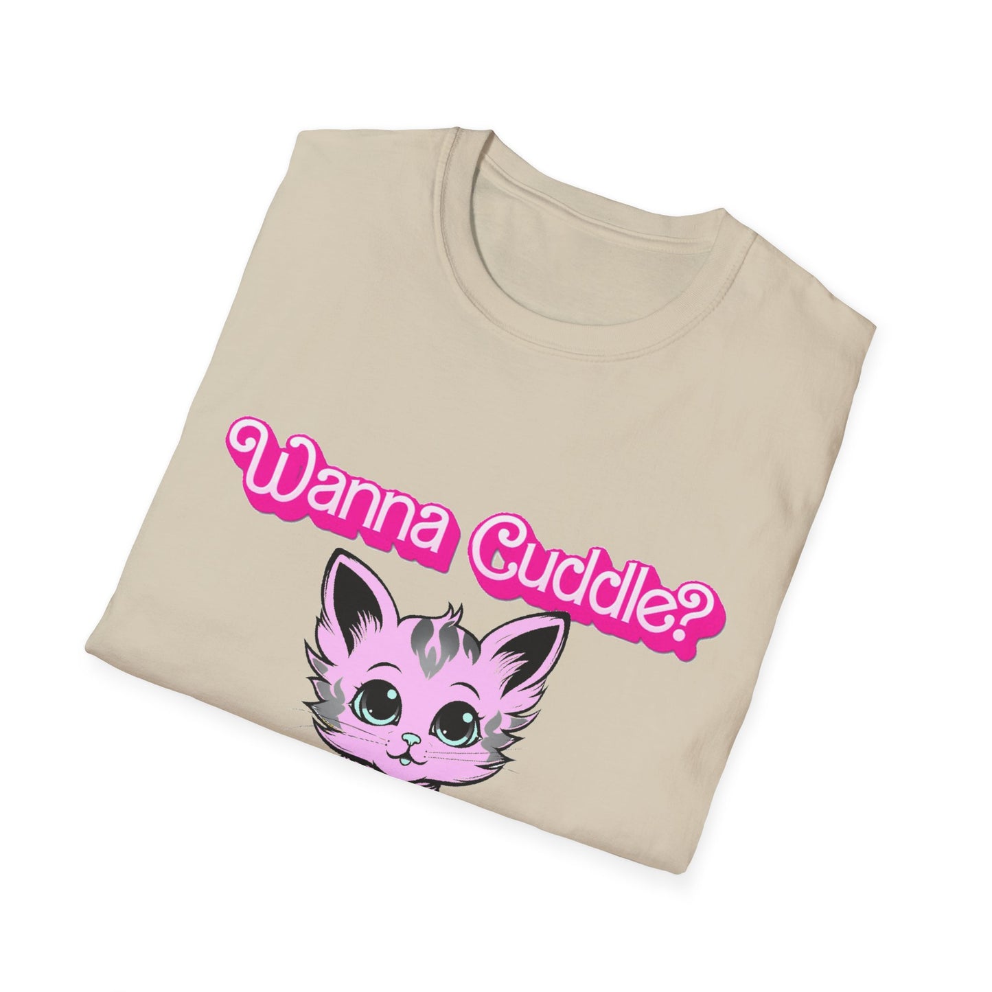 Cute Cat Face Unisex T-Shirt, Wanna Cuddle Provocative Proposition Graphic Tee, Retro Design Soft Pink Text Front Print