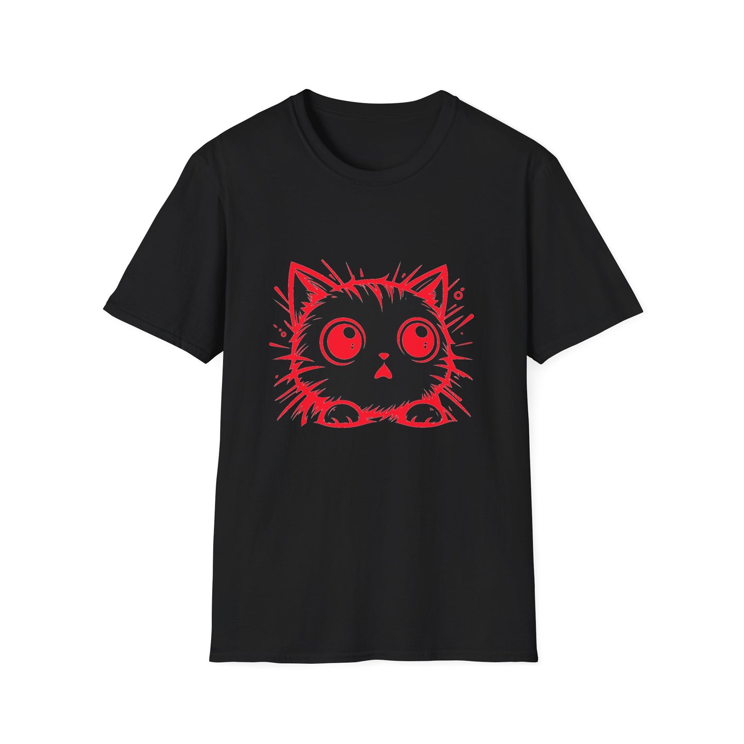Cute Cat Face Unisex Soft-style T-Shirt, Red-Eyed Scaredy Cat Face for Cat Ladies, Cat Moms and Cat Lovers Graphic Tee