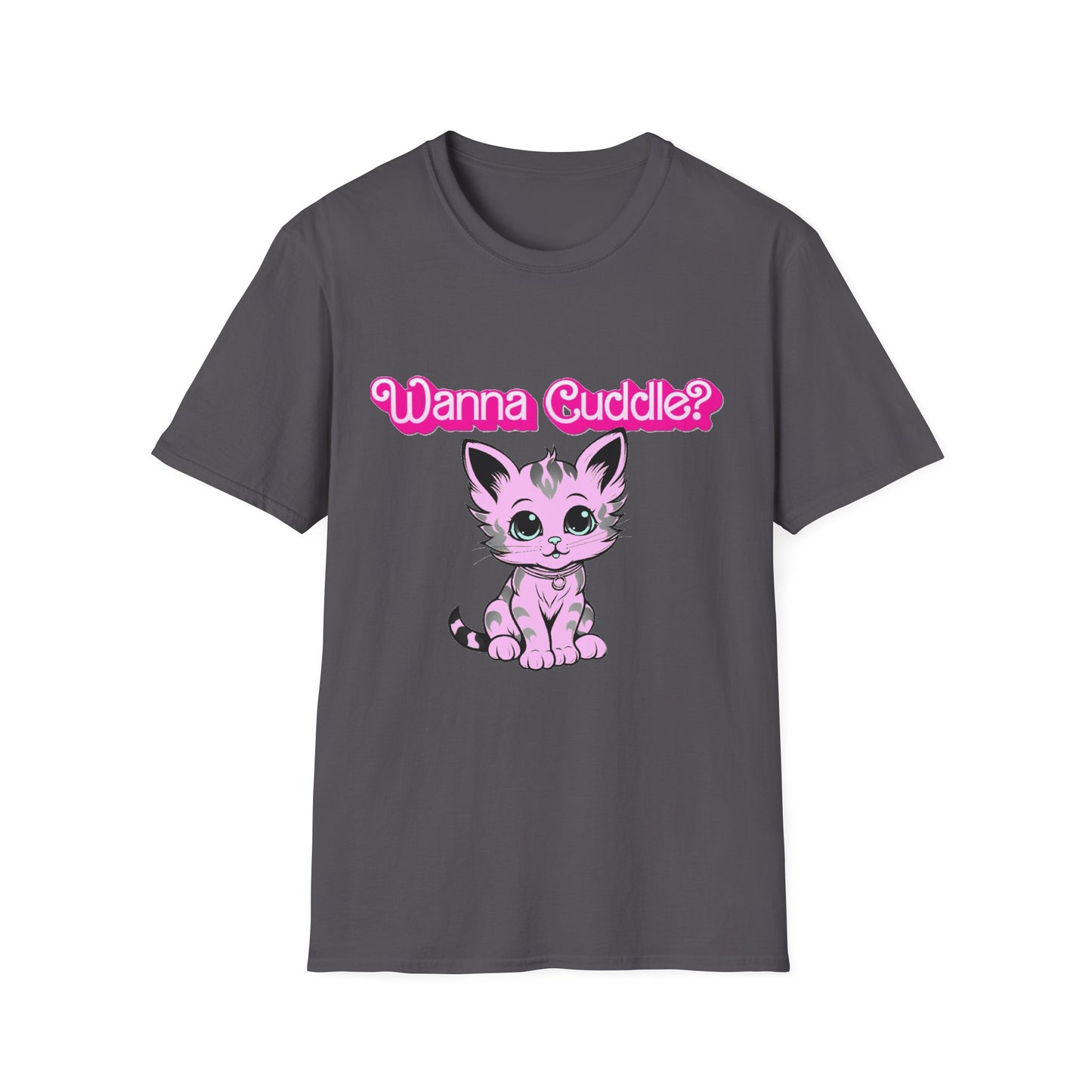 Cute Cat Face Unisex T-Shirt, Wanna Cuddle Provocative Proposition Graphic Tee, Retro Design Soft Pink Text Front Print