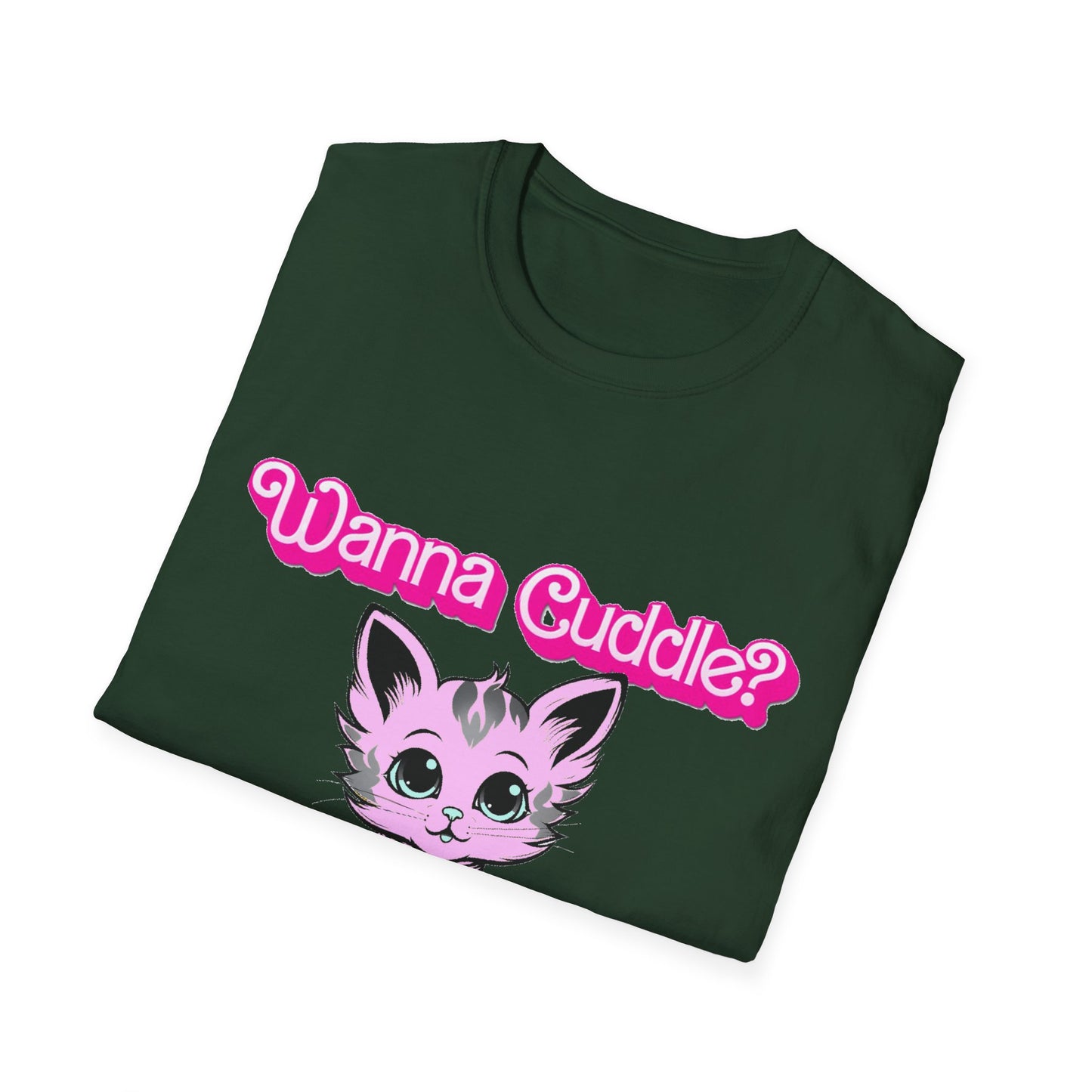 Cute Cat Face Unisex T-Shirt, Wanna Cuddle Provocative Proposition Graphic Tee, Retro Design Soft Pink Text Front Print