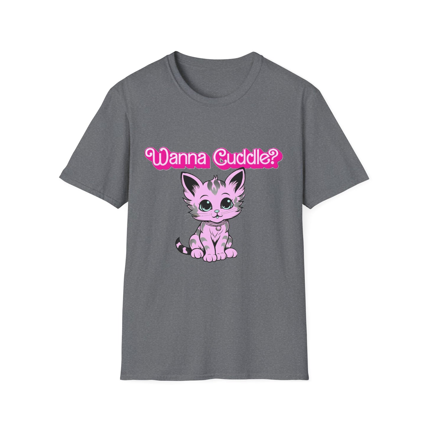 Cute Cat Face Unisex T-Shirt, Wanna Cuddle Provocative Proposition Graphic Tee, Retro Design Soft Pink Text Front Print