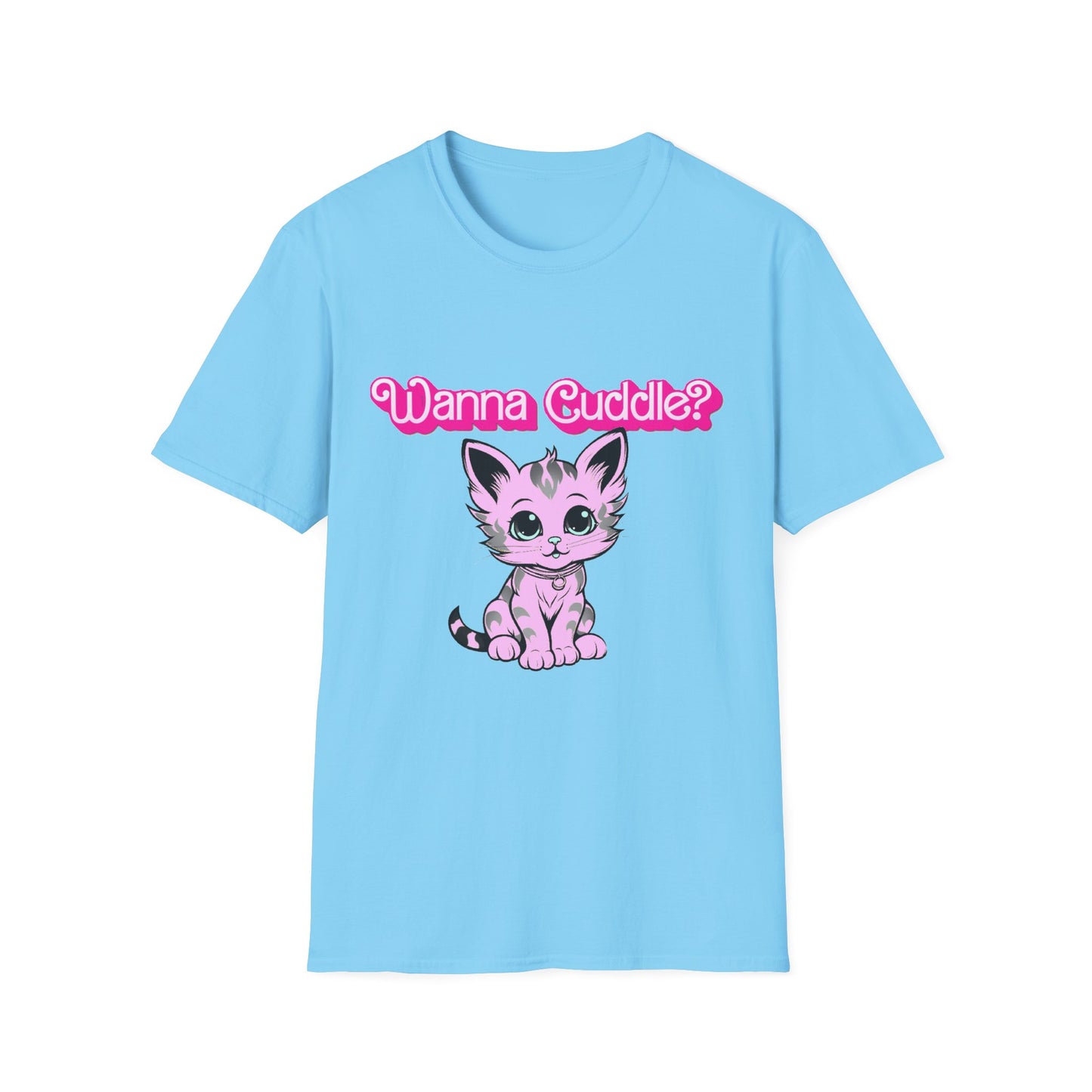 Cute Cat Face Unisex T-Shirt, Wanna Cuddle Provocative Proposition Graphic Tee, Retro Design Soft Pink Text Front Print