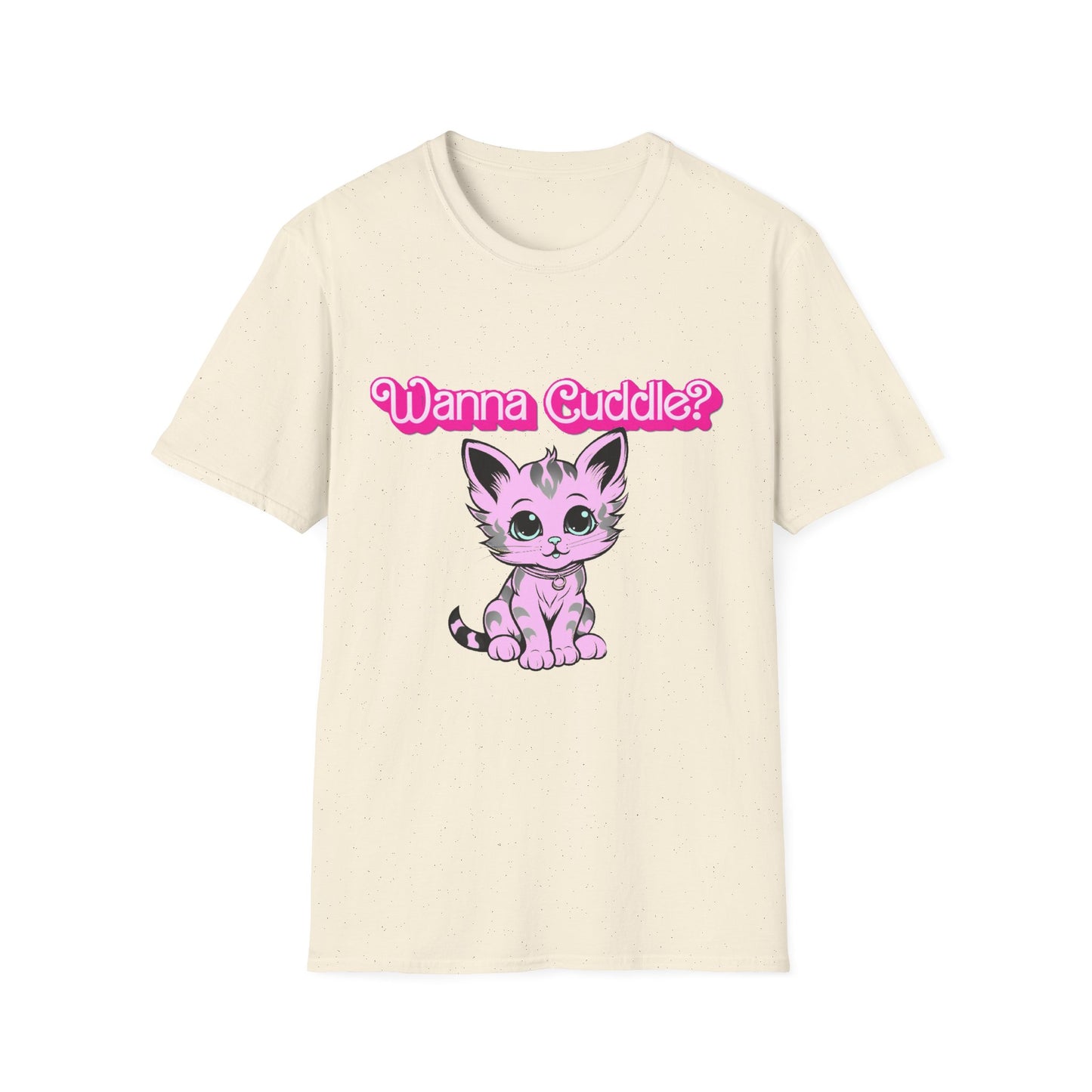Cute Cat Face Unisex T-Shirt, Wanna Cuddle Provocative Proposition Graphic Tee, Retro Design Soft Pink Text Front Print