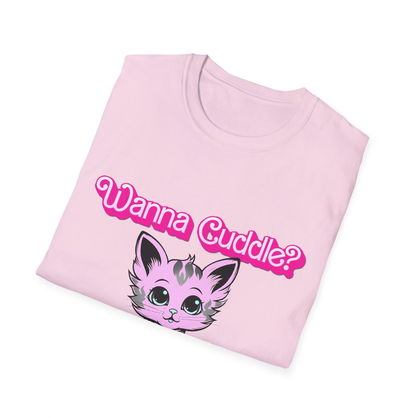 Cute Cat Face Unisex T-Shirt, Wanna Cuddle Provocative Proposition Graphic Tee, Retro Design Soft Pink Text Front Print