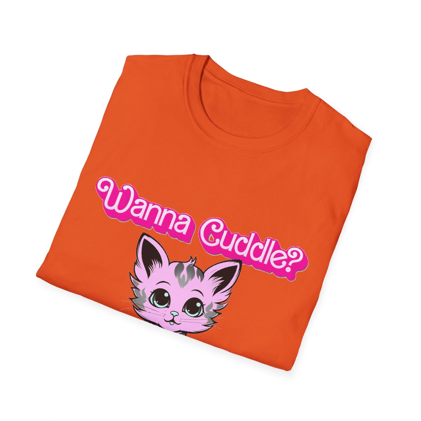 Cute Cat Face Unisex T-Shirt, Wanna Cuddle Provocative Proposition Graphic Tee, Retro Design Soft Pink Text Front Print