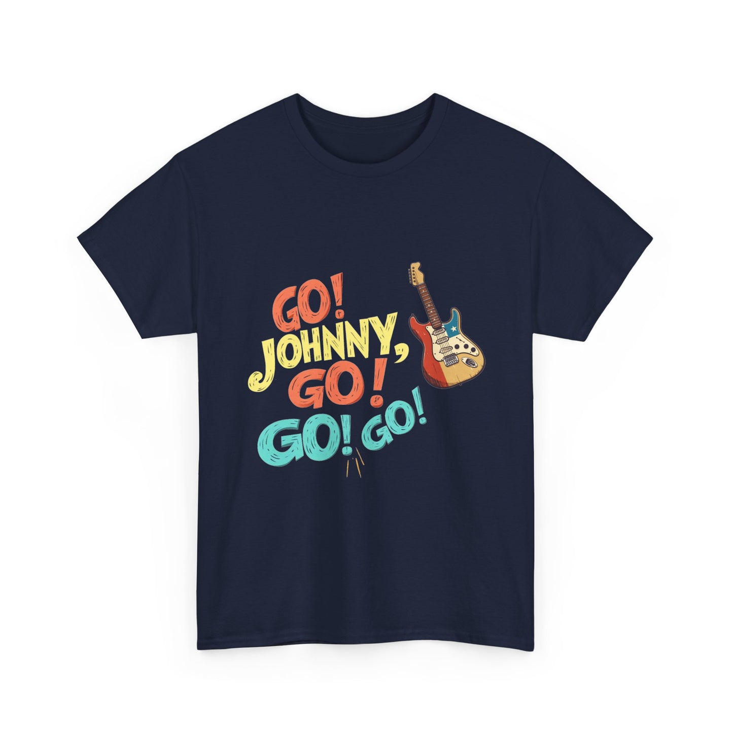 Music Nostalgia Unisex Cotton Tee, Go Johnny Go Retro Typographic Design, Artistical Expression of Colors