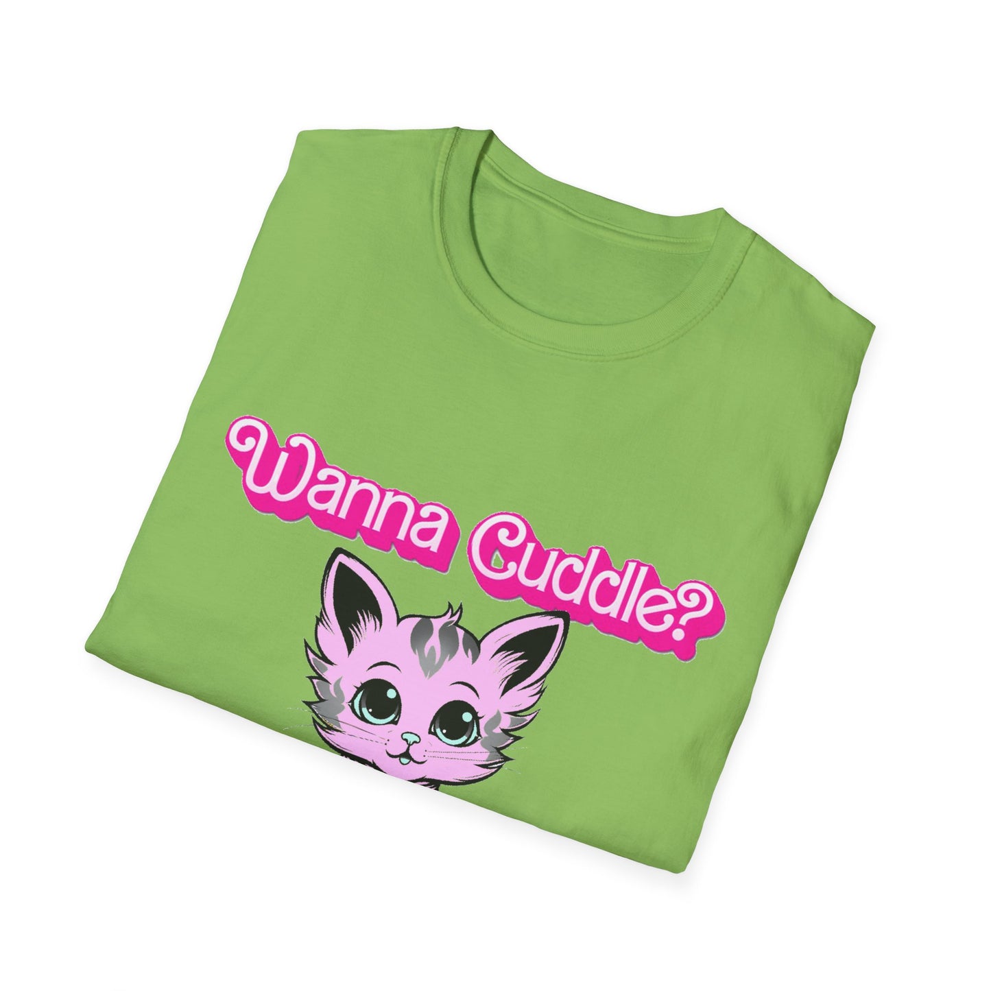 Cute Cat Face Unisex T-Shirt, Wanna Cuddle Provocative Proposition Graphic Tee, Retro Design Soft Pink Text Front Print