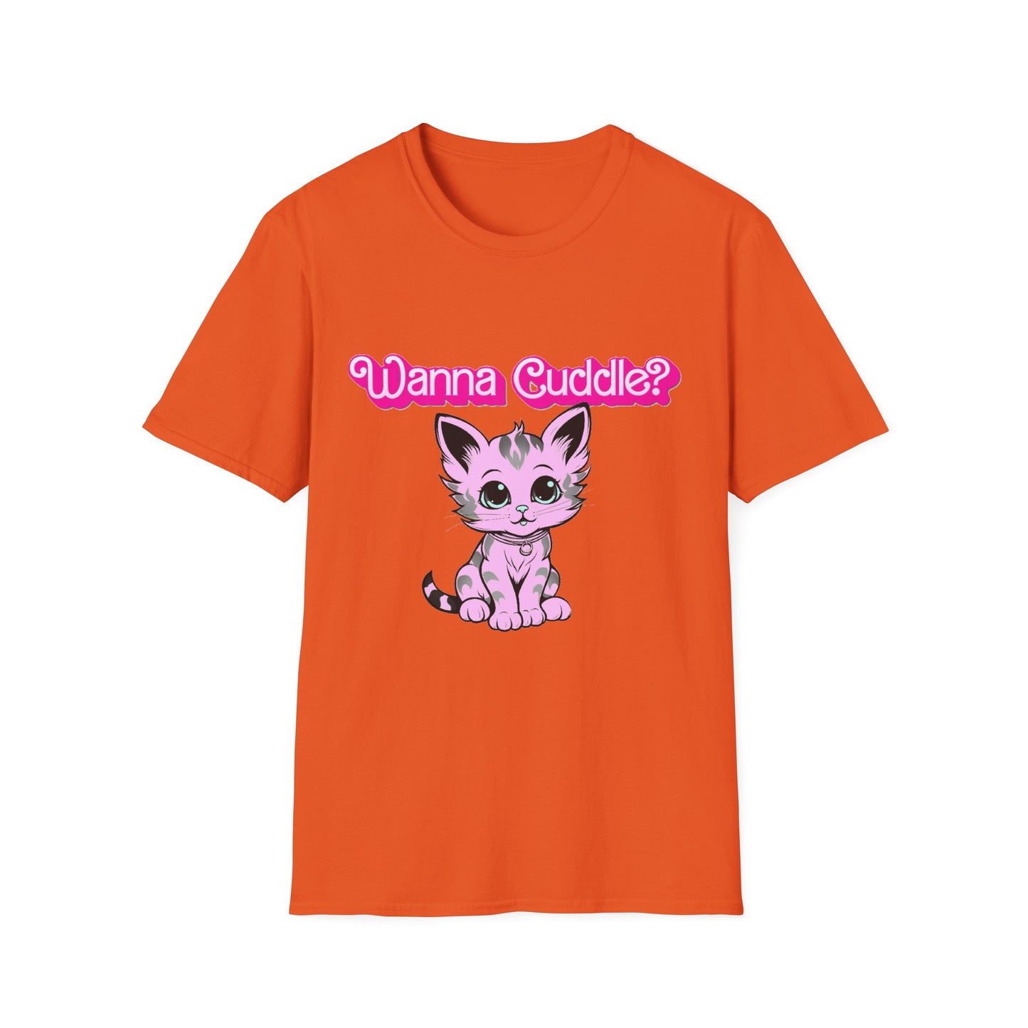 Cute Cat Face Unisex T-Shirt, Wanna Cuddle Provocative Proposition Graphic Tee, Retro Design Soft Pink Text Front Print