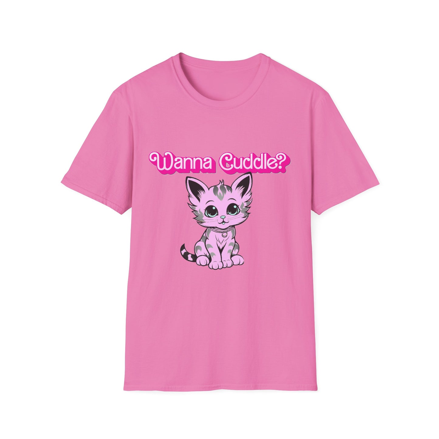 Cute Cat Face Unisex T-Shirt, Wanna Cuddle Provocative Proposition Graphic Tee, Retro Design Soft Pink Text Front Print