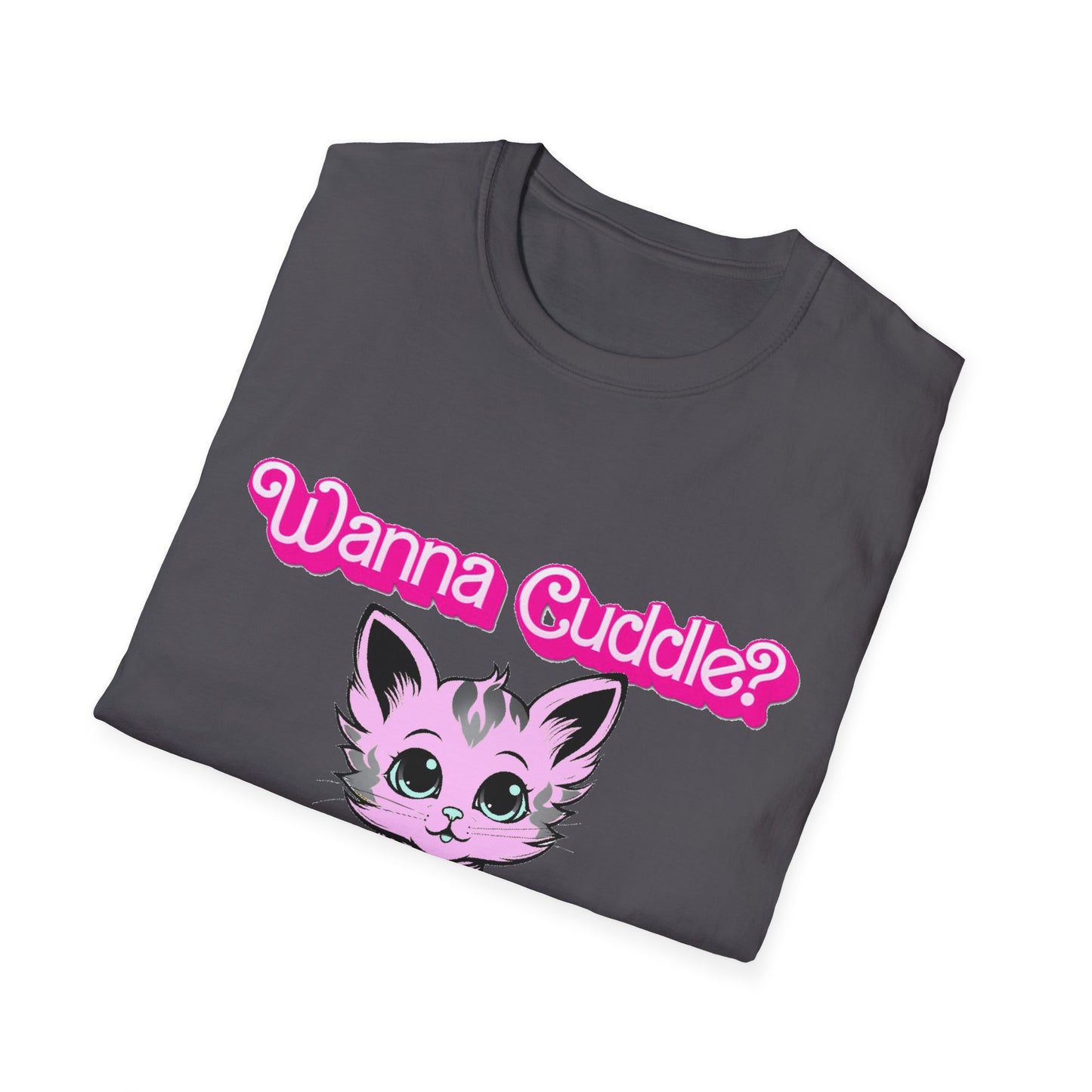 Cute Cat Face Unisex T-Shirt, Wanna Cuddle Provocative Proposition Graphic Tee, Retro Design Soft Pink Text Front Print