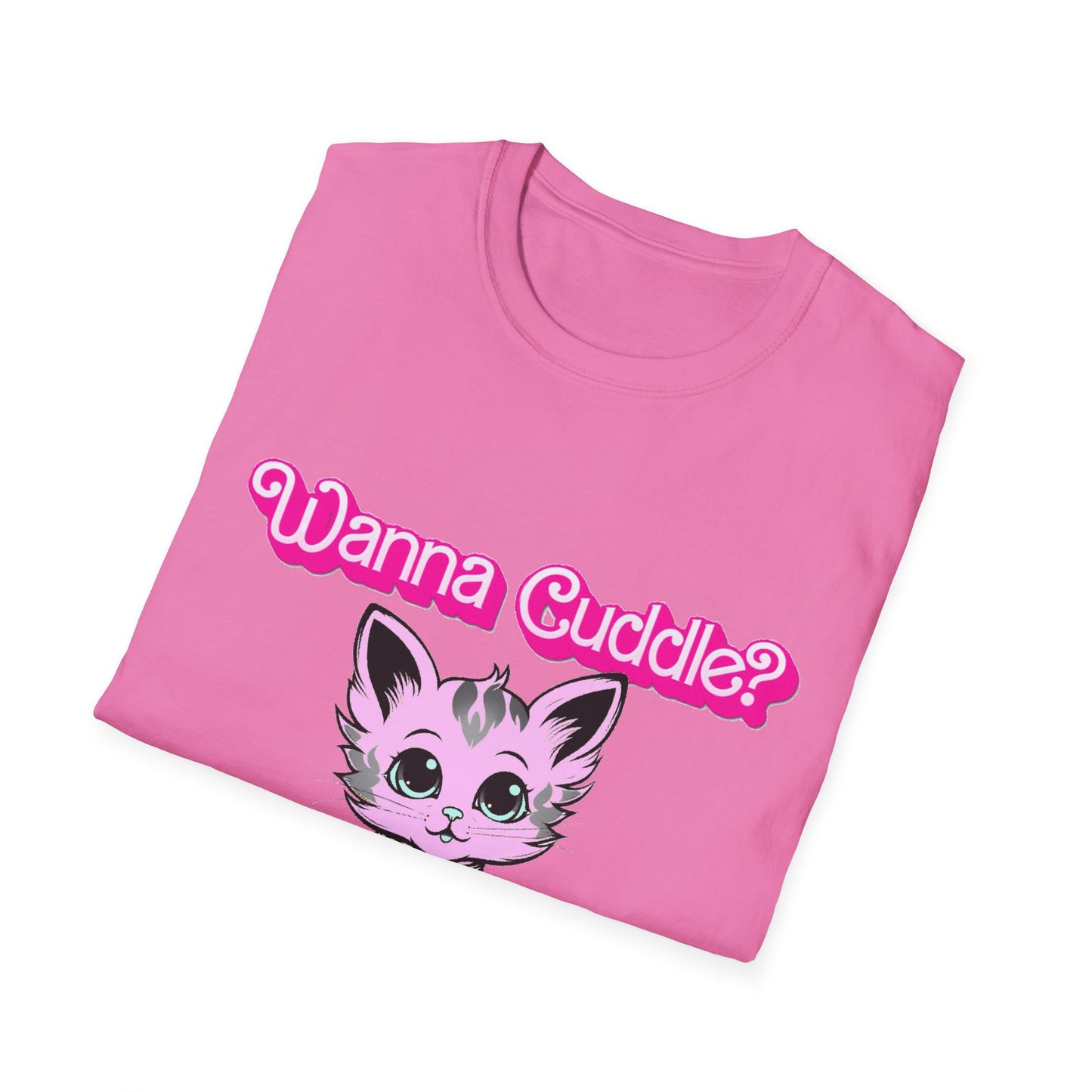 Cute Cat Face Unisex T-Shirt, Wanna Cuddle Provocative Proposition Graphic Tee, Retro Design Soft Pink Text Front Print
