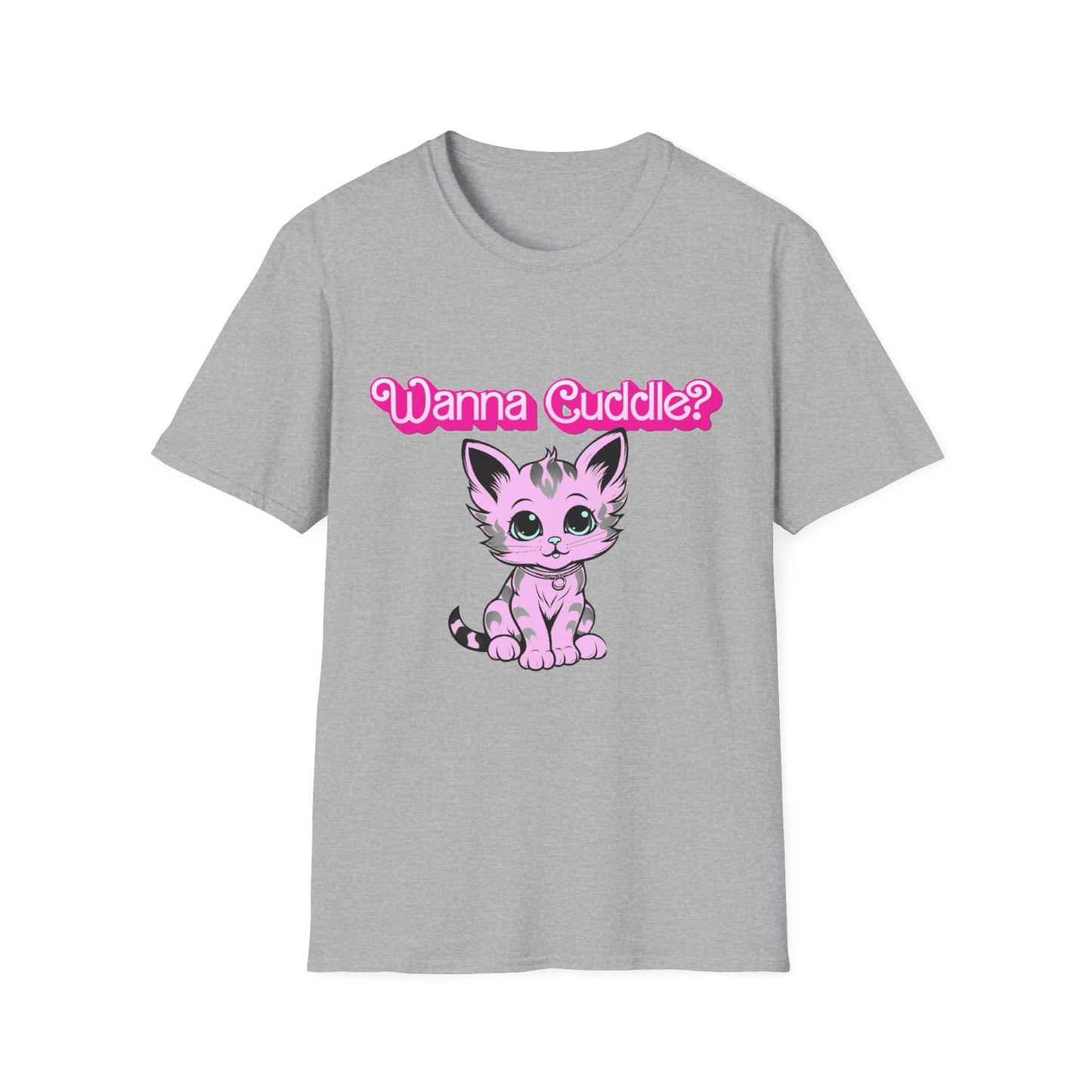 Cute Cat Face Unisex T-Shirt, Wanna Cuddle Provocative Proposition Graphic Tee, Retro Design Soft Pink Text Front Print