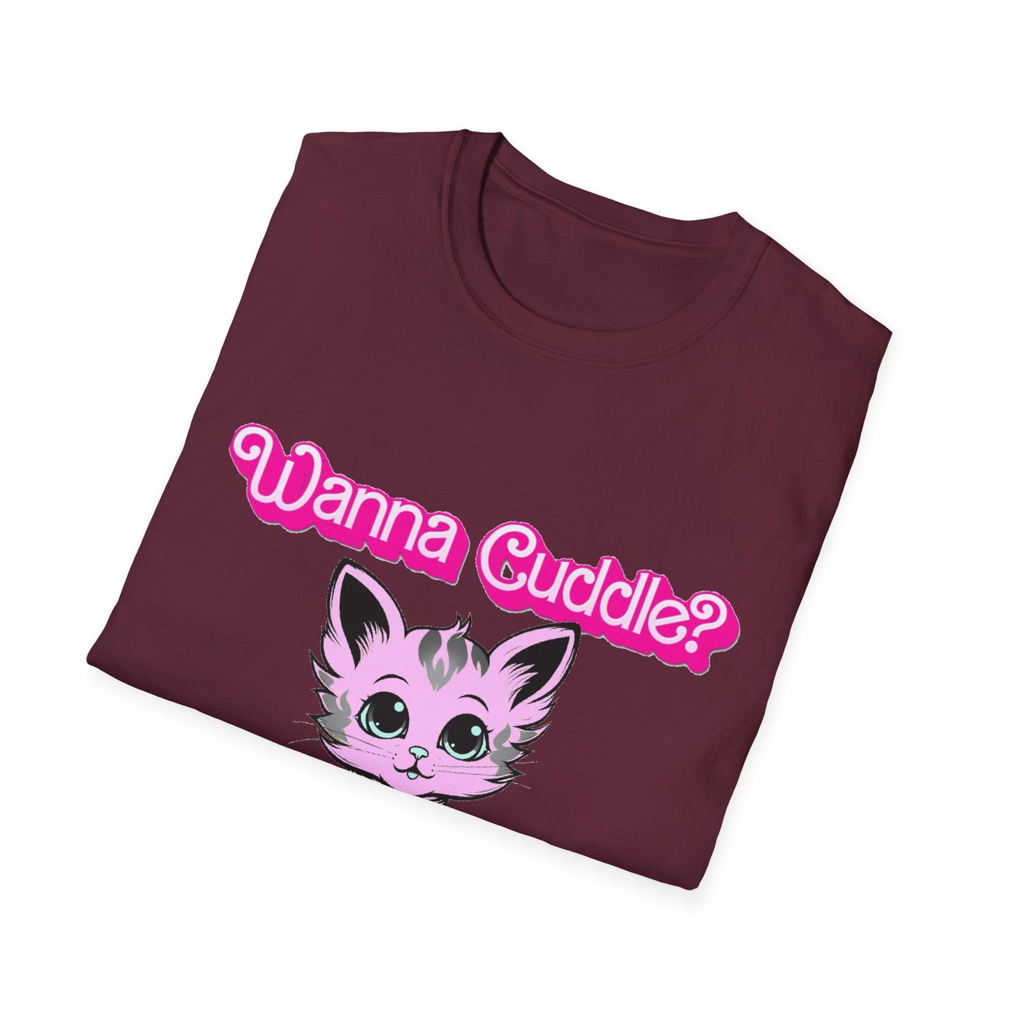 Cute Cat Face Unisex T-Shirt, Wanna Cuddle Provocative Proposition Graphic Tee, Retro Design Soft Pink Text Front Print
