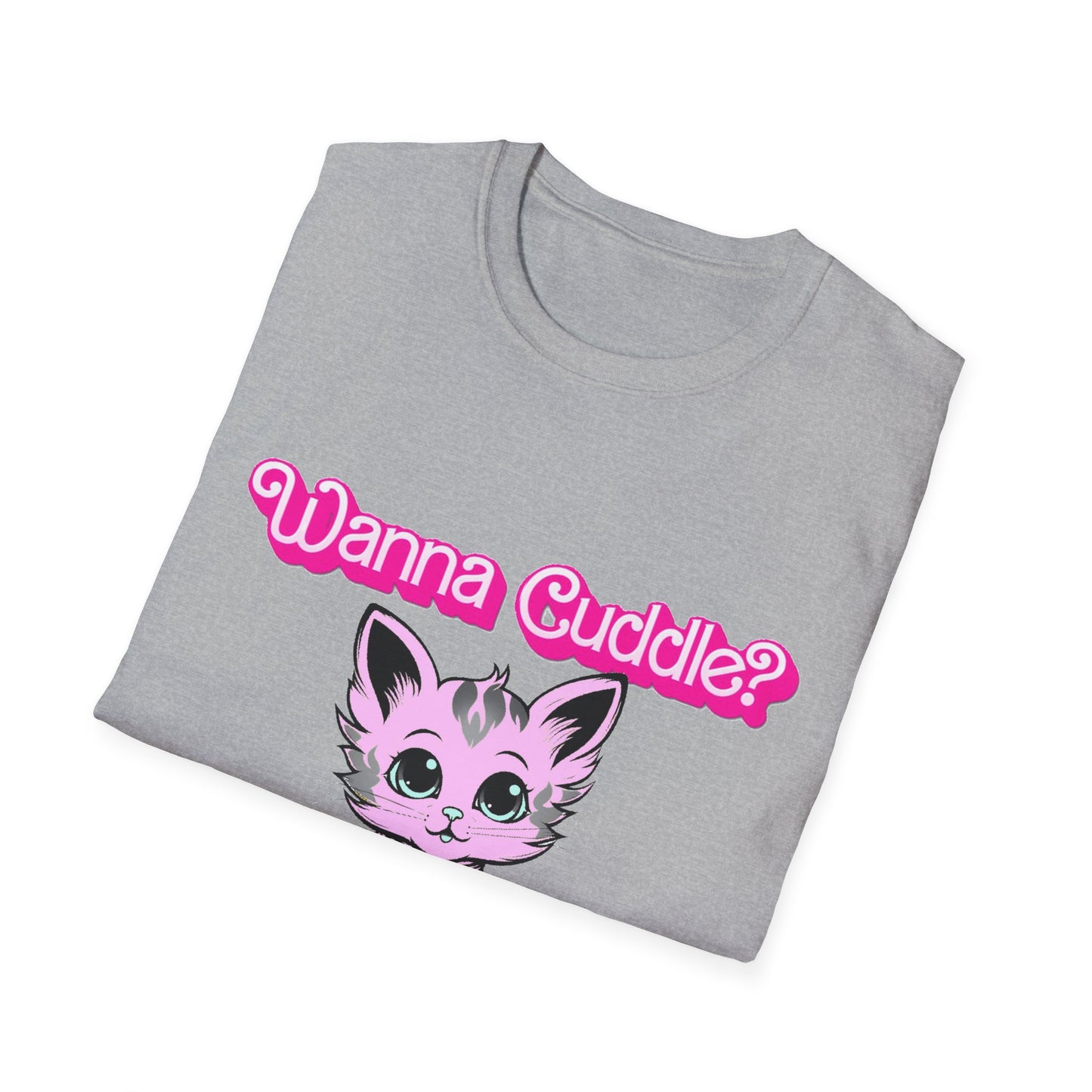 Cute Cat Face Unisex T-Shirt, Wanna Cuddle Provocative Proposition Graphic Tee, Retro Design Soft Pink Text Front Print