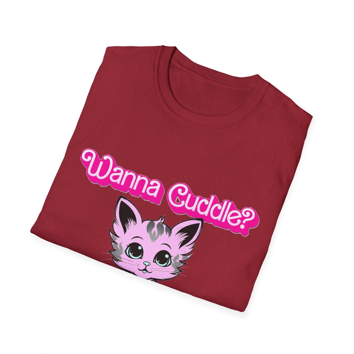 Cute Cat Face Unisex T-Shirt, Wanna Cuddle Provocative Proposition Graphic Tee, Retro Design Soft Pink Text Front Print