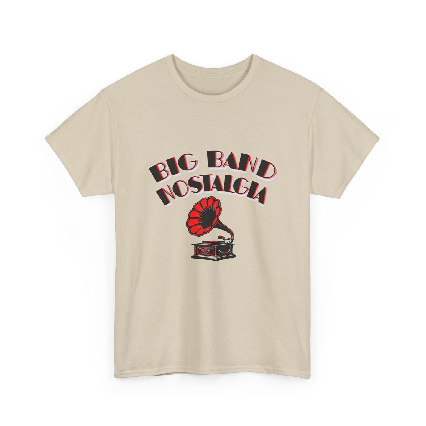 Music Nostalgia Big Band Unisex Cotton Tee, Vintage Phonograph And Broadway Style Artistic Typographic Design