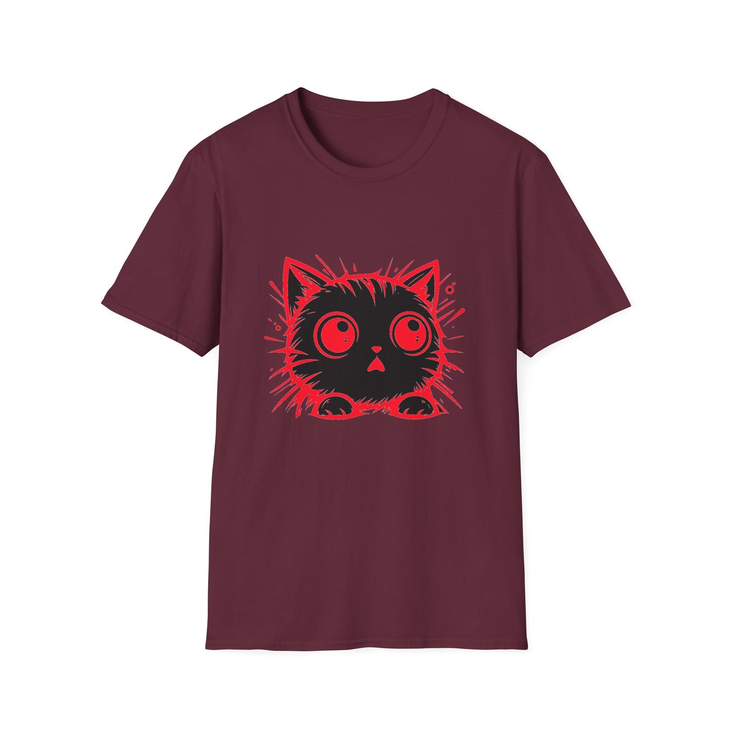 Cute Cat Face Unisex Soft-style T-Shirt, Red-Eyed Scaredy Cat Face for Cat Ladies, Cat Moms and Cat Lovers Graphic Tee