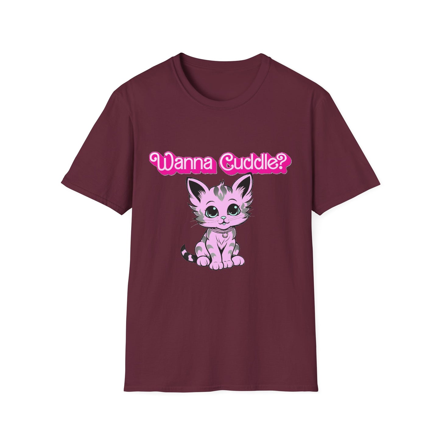 Cute Cat Face Unisex T-Shirt, Wanna Cuddle Provocative Proposition Graphic Tee, Retro Design Soft Pink Text Front Print
