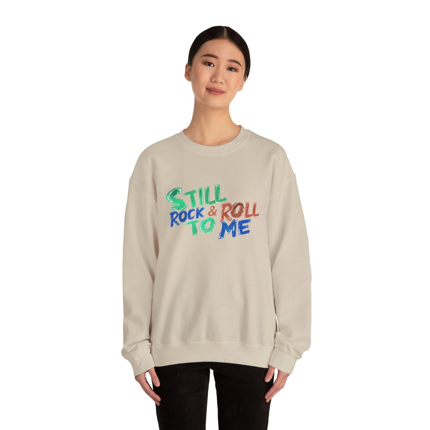 Music Nostalgia 'Still Rock N Roll To Me' Unisex Sweatshirt, Colorful Retro and Hippie Style Top, Artistic And Colorful Typographic Design