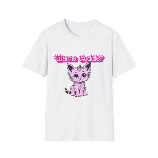 Cute Cat Face Unisex T-Shirt, Wanna Cuddle Provocative Proposition Graphic Tee, Retro Design Soft Pink Text Front Print