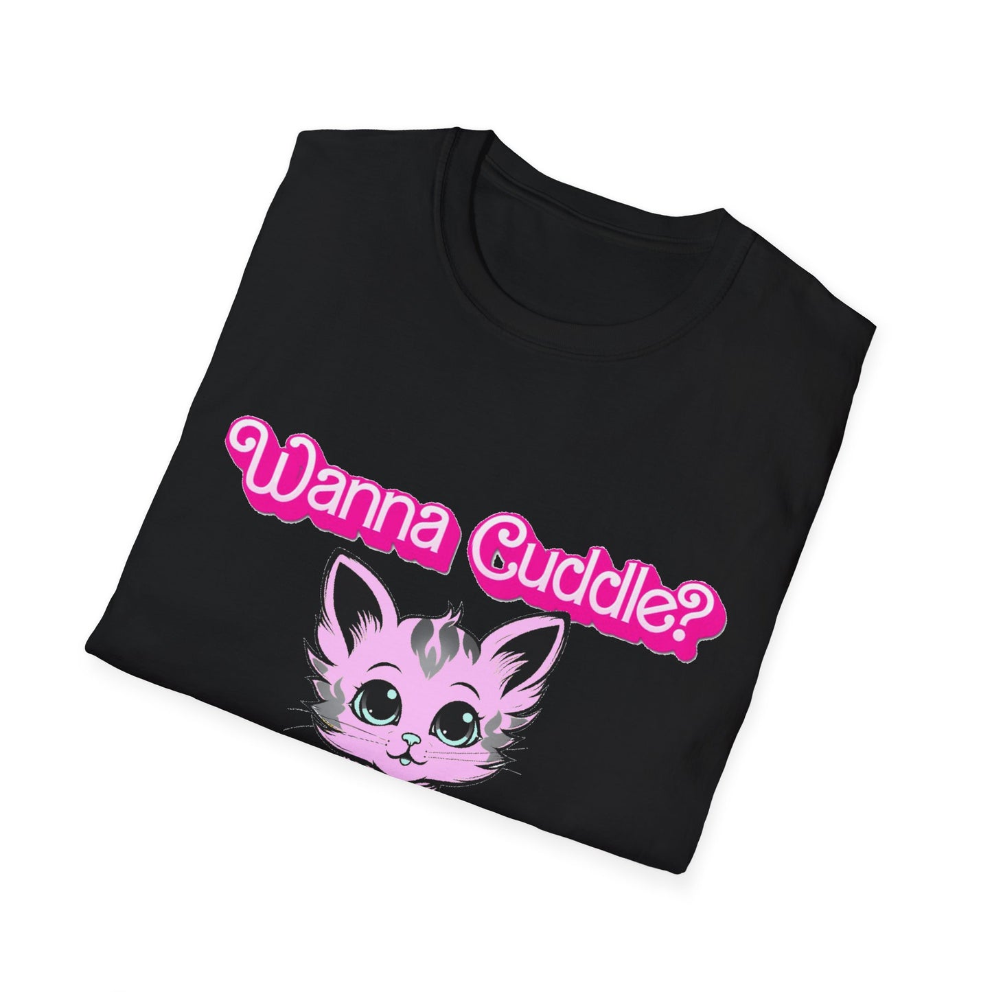 Cute Cat Face Unisex T-Shirt, Wanna Cuddle Provocative Proposition Graphic Tee, Retro Design Soft Pink Text Front Print