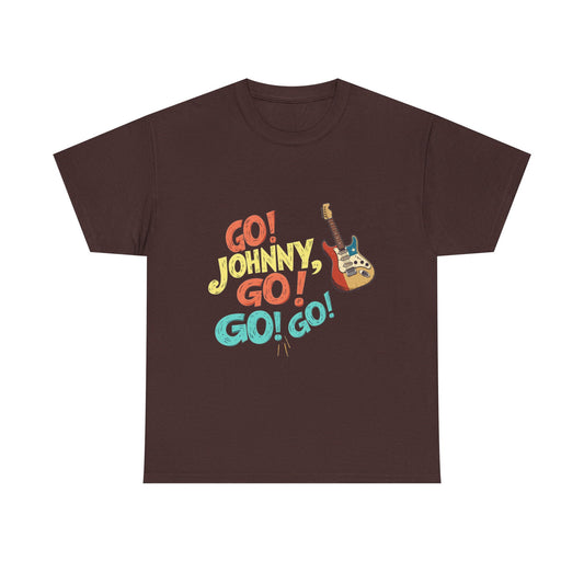 Music Nostalgia Unisex Cotton Tee, Go Johnny Go Retro Typographic Design, Artistical Expression of Colors