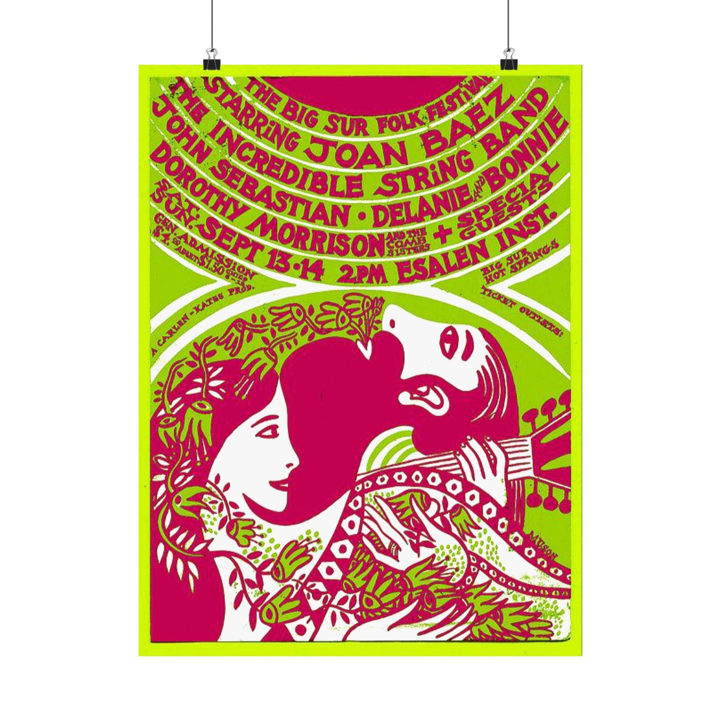 Vintage Joan Baez Big Sur Folk Festival Poster - 60s Psychedelic Art Print Esalen CA, Authentic memorabilia