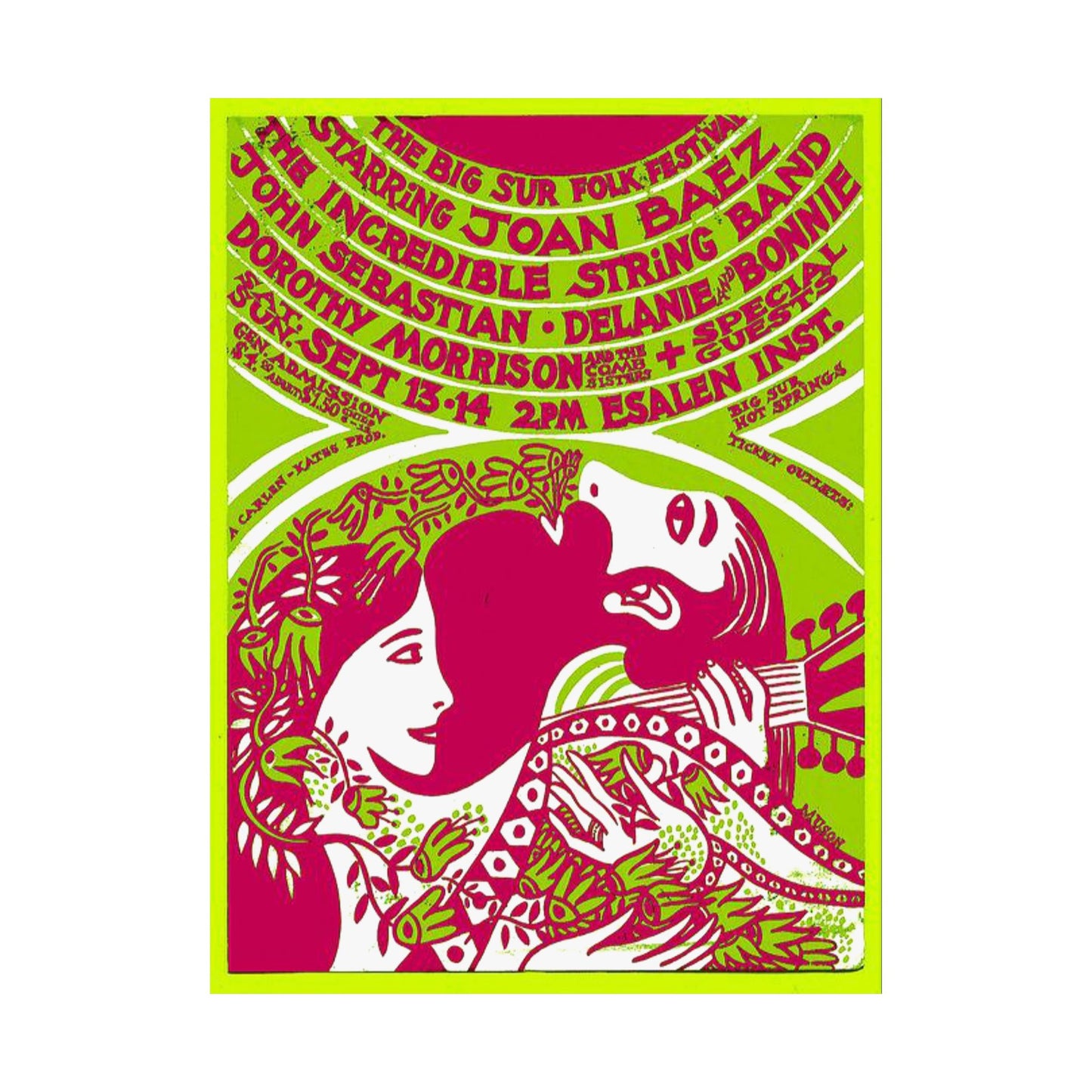 Vintage Joan Baez Big Sur Folk Festival Poster - 60s Psychedelic Art Print Esalen CA, Authentic memorabilia